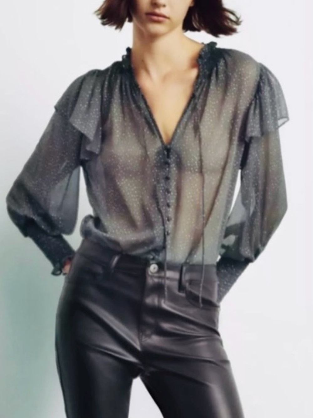 NWOT ZARA Sheer Grey Metallic Dot Tie-Neck Blouse